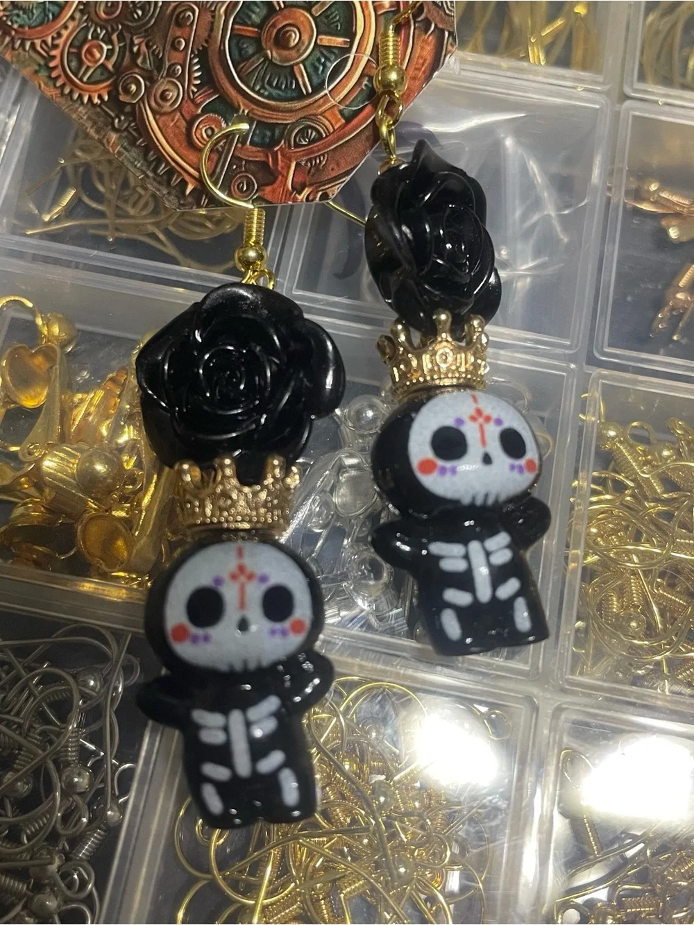 Hand Crafted Black Rose Skeleton Earrings